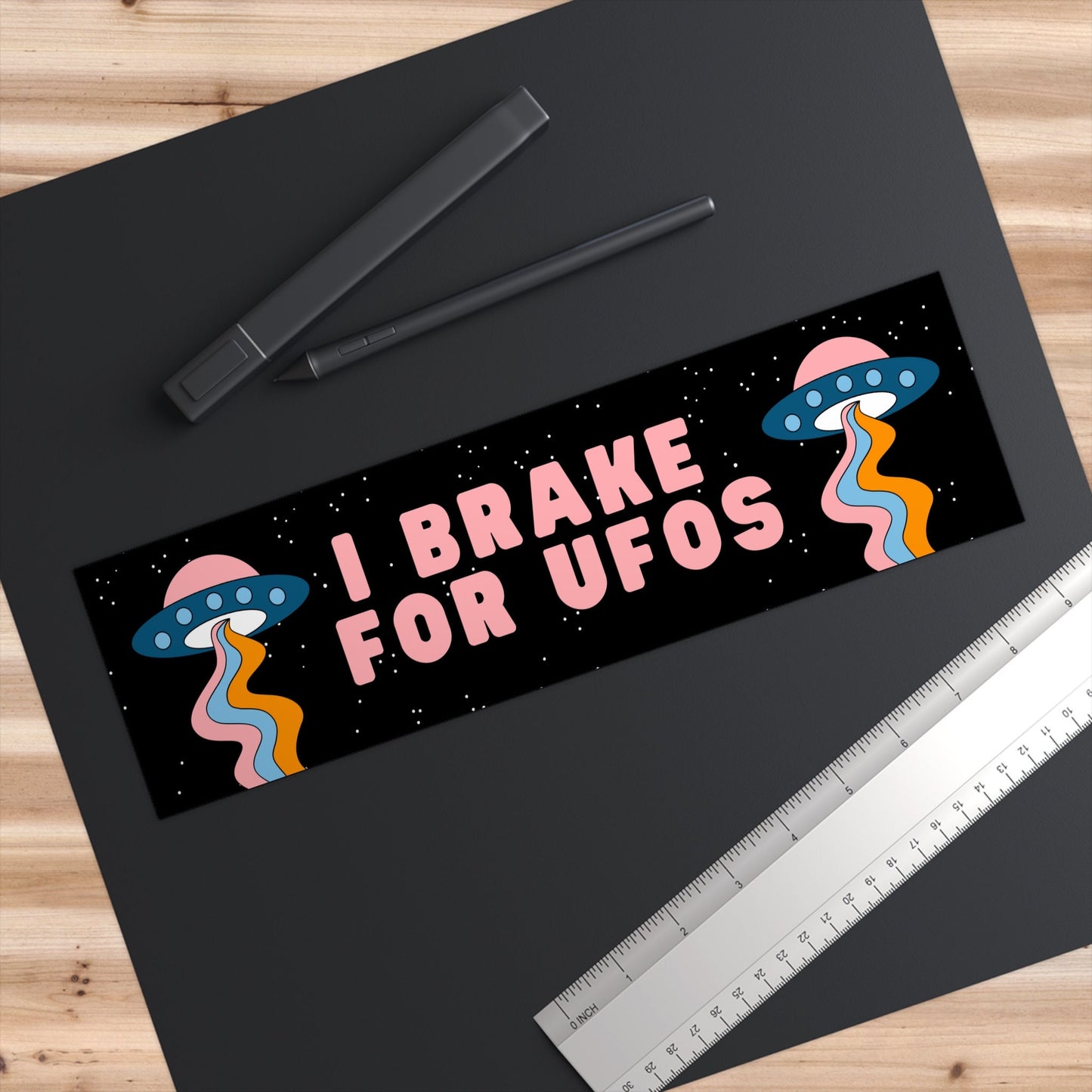 I Brake for UFOs Bumper Sticker, Alien Car Decal