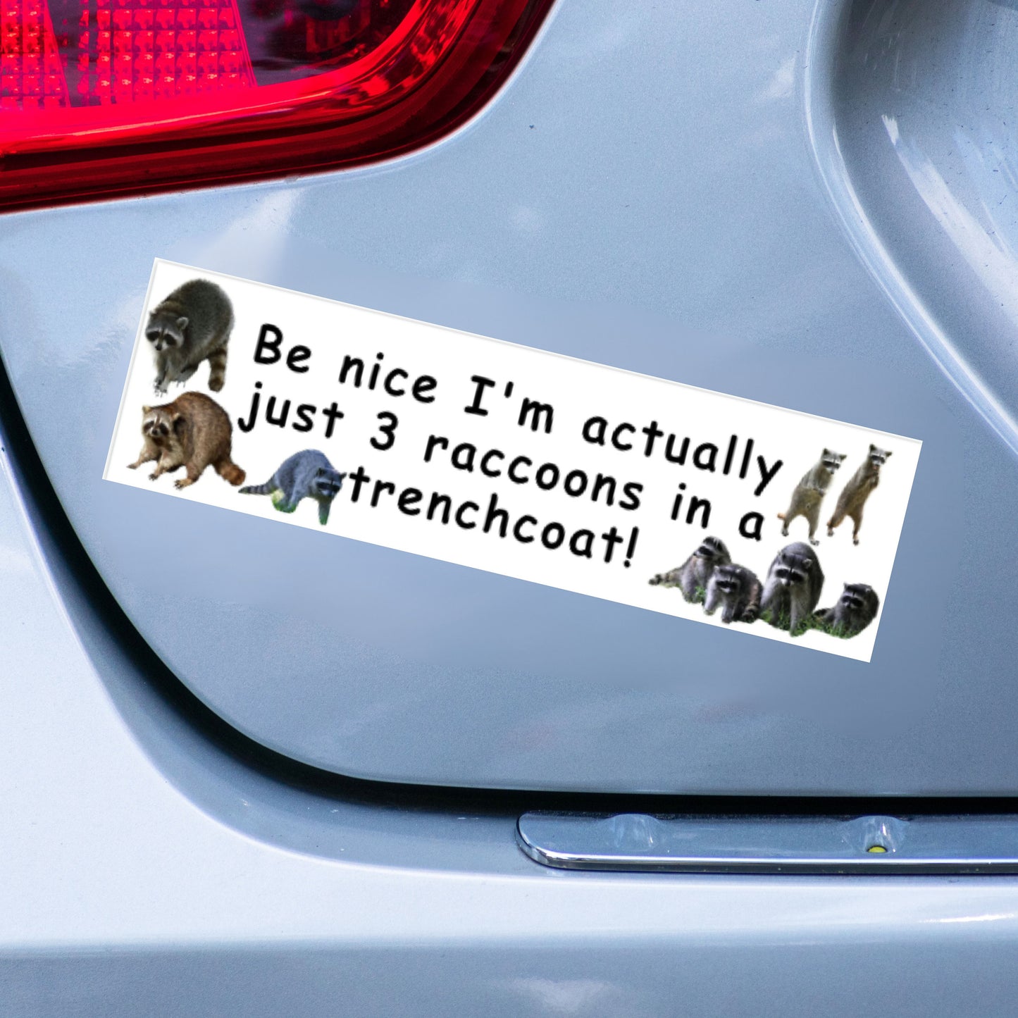 Funny 3 Raccoons in a Trenchcoat Bumper Sticker, Gen Z Meme